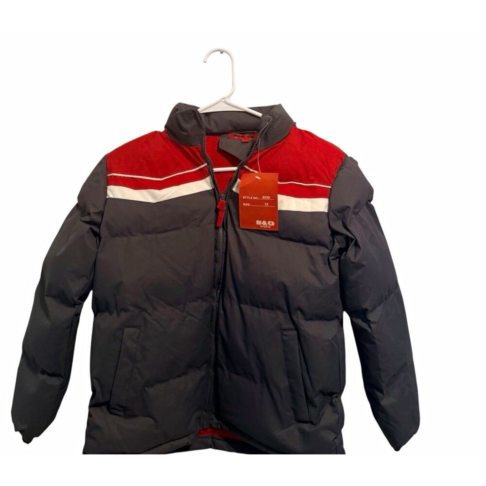 S&G Sports Kids Hooded Puffer Jacket Full Zip Colorblock Gray/Red/White 12
